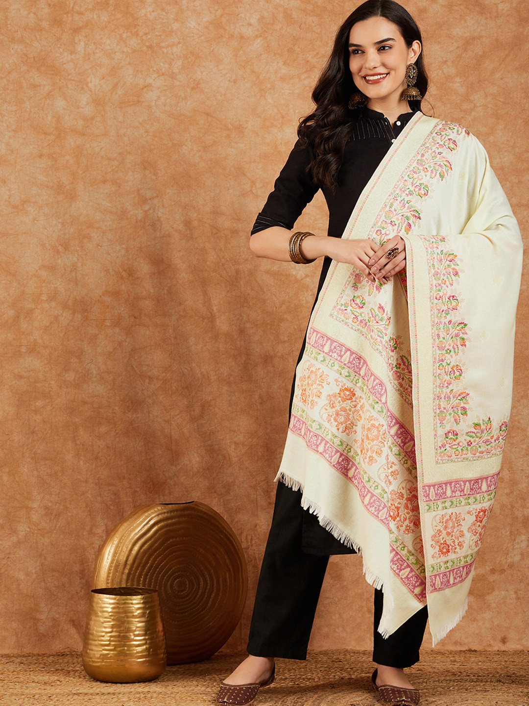 HK colours of fashion Floral Woven Design Fringed Border Pashmina Shawl