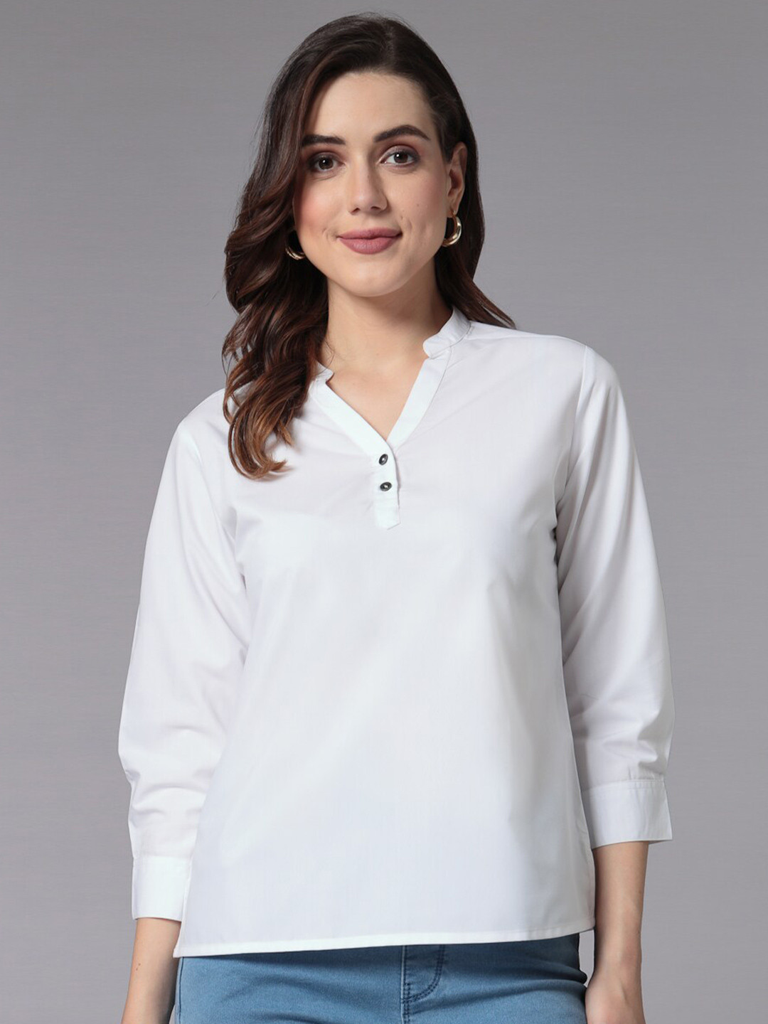 Style Quotient White Mandarin Collar Cuffed Sleeves Top