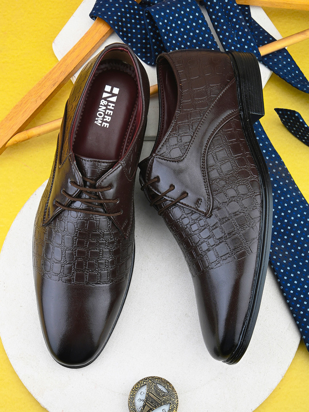HERE&NOW Men Coffee Brown Textured Formal Derbys