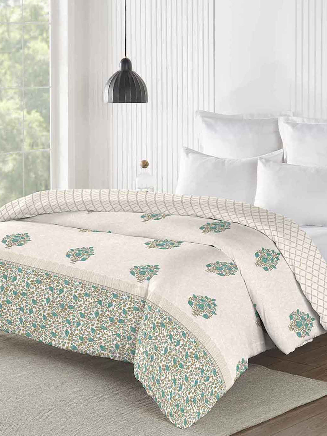 MYTRIDENT Road to Jaipur White Green Floral Cotton AC Room 150 GSM Double Bed Comforter