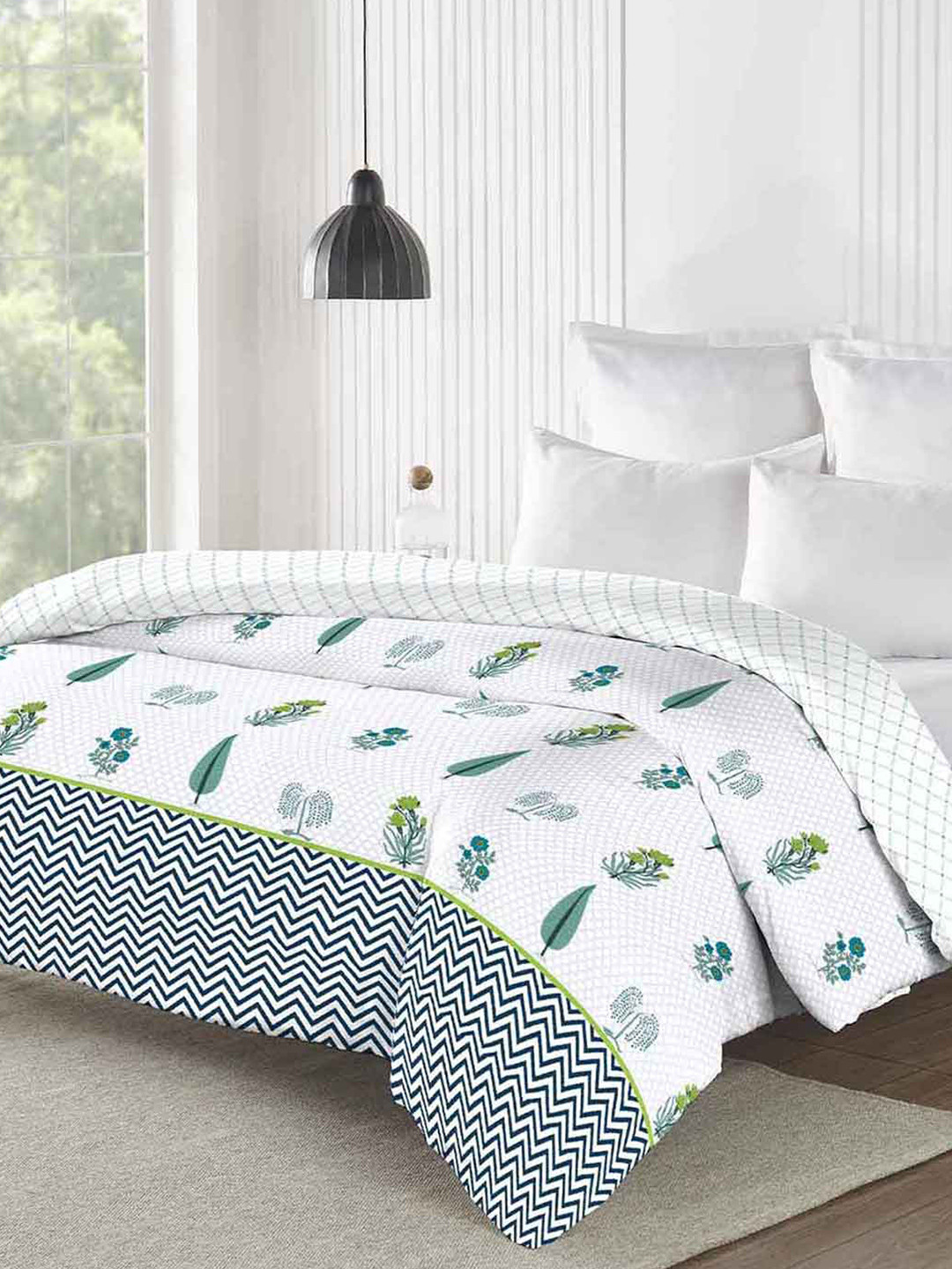 MYTRIDENT Road To Jaipur White & Green Floral Cotton AC Room 150 GSM Double Bed Comforter