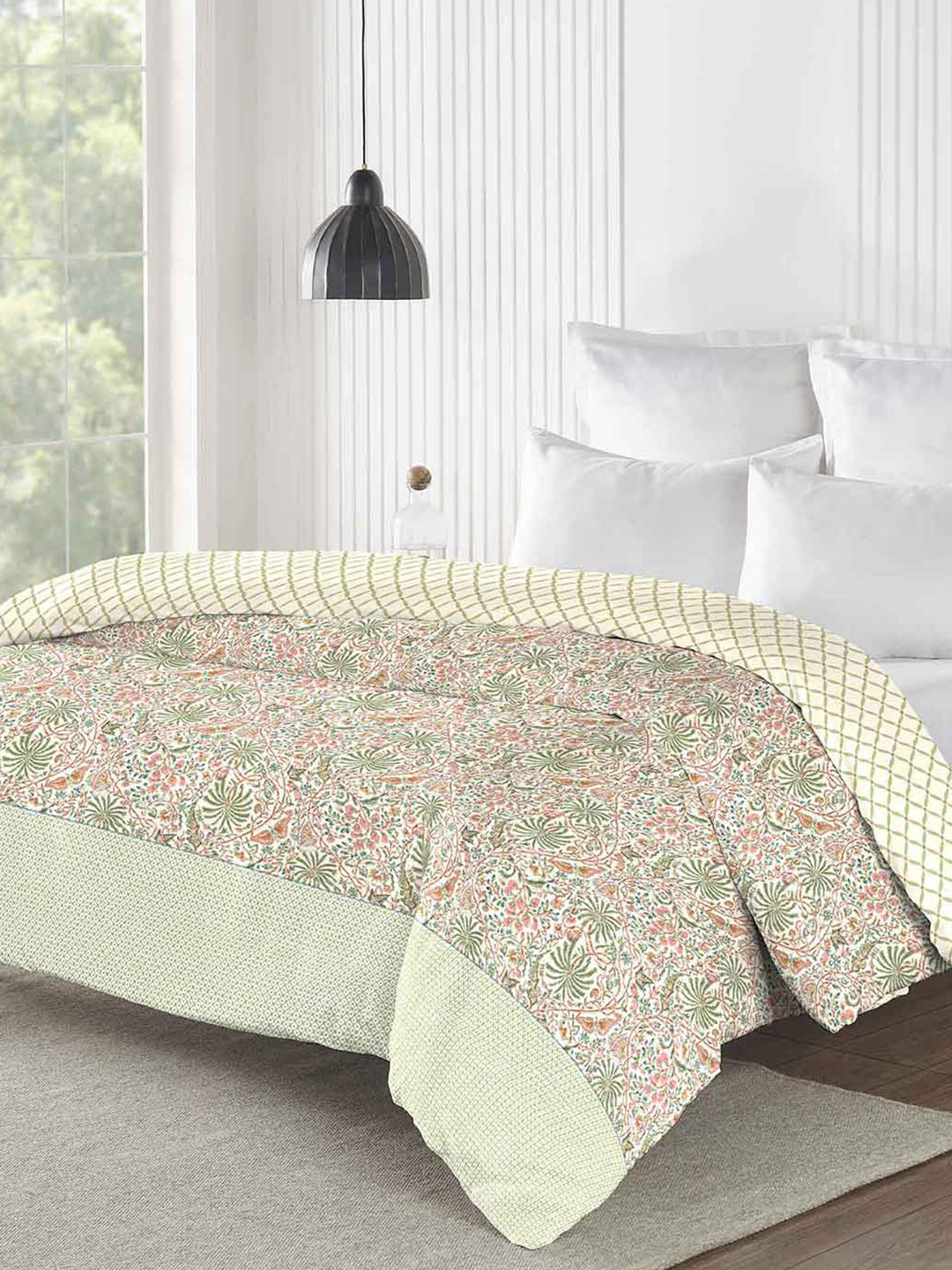MYTRIDENT Road To Jaipur Beige & Green Floral Cotton AC Room 150 GSM Double Bed Comforter