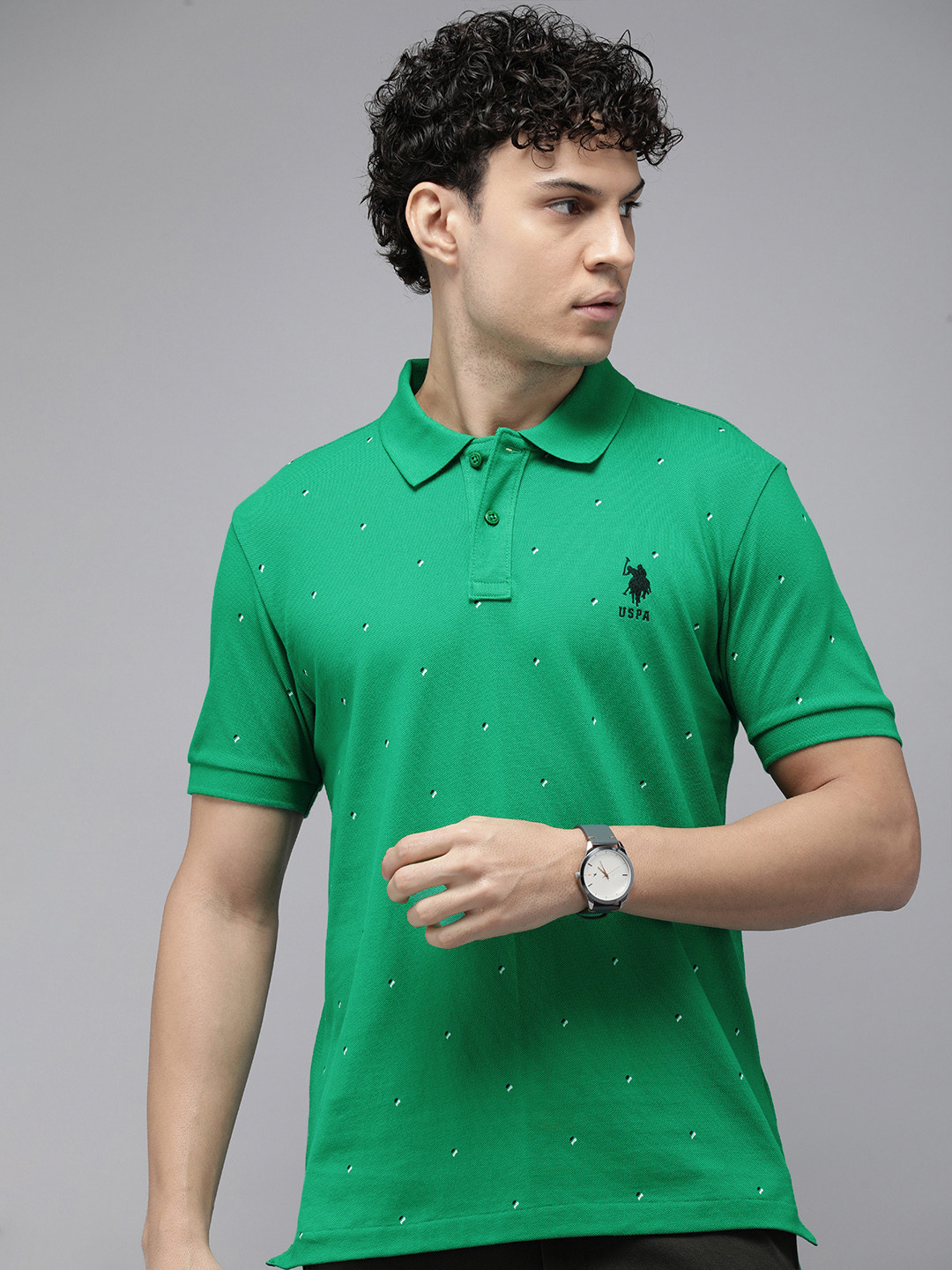 U.S. Polo Assn. Self Design Embroidered Polo Collar Pure Cotton Slim Fit T-shirt