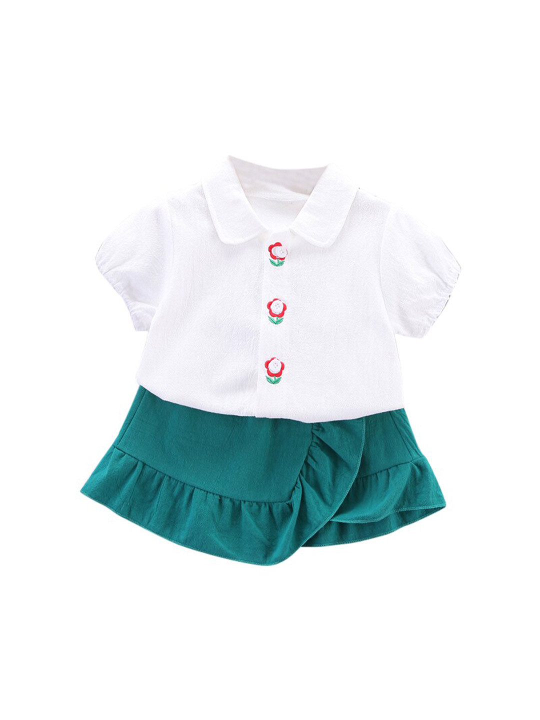 StyleCast Girls Green Shirt Collar Puff Sleeves Top with Skirt
