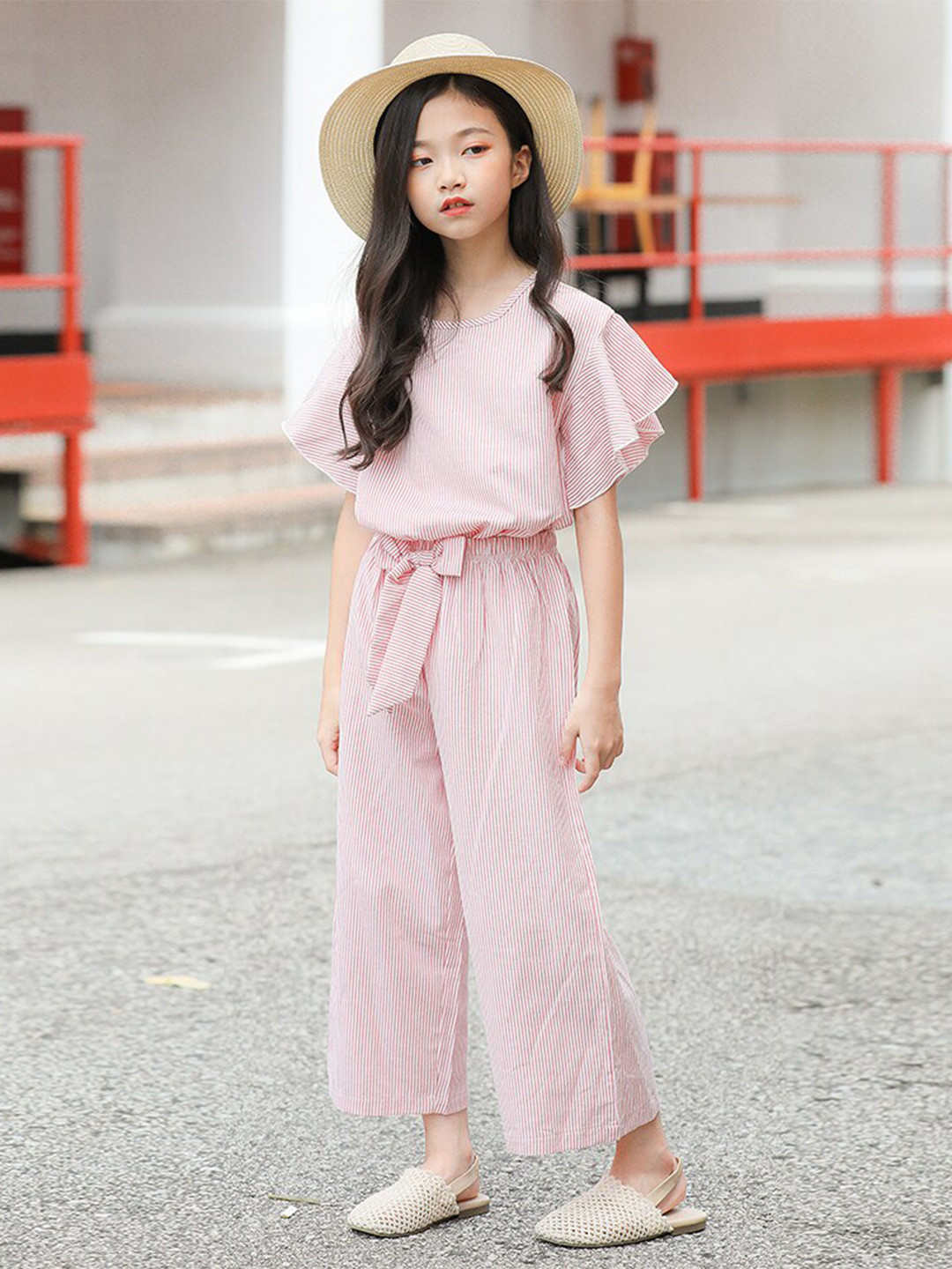 StyleCast Girls Pink Striped Flutter Sleeve Pure Cotton Top with Pyjamas