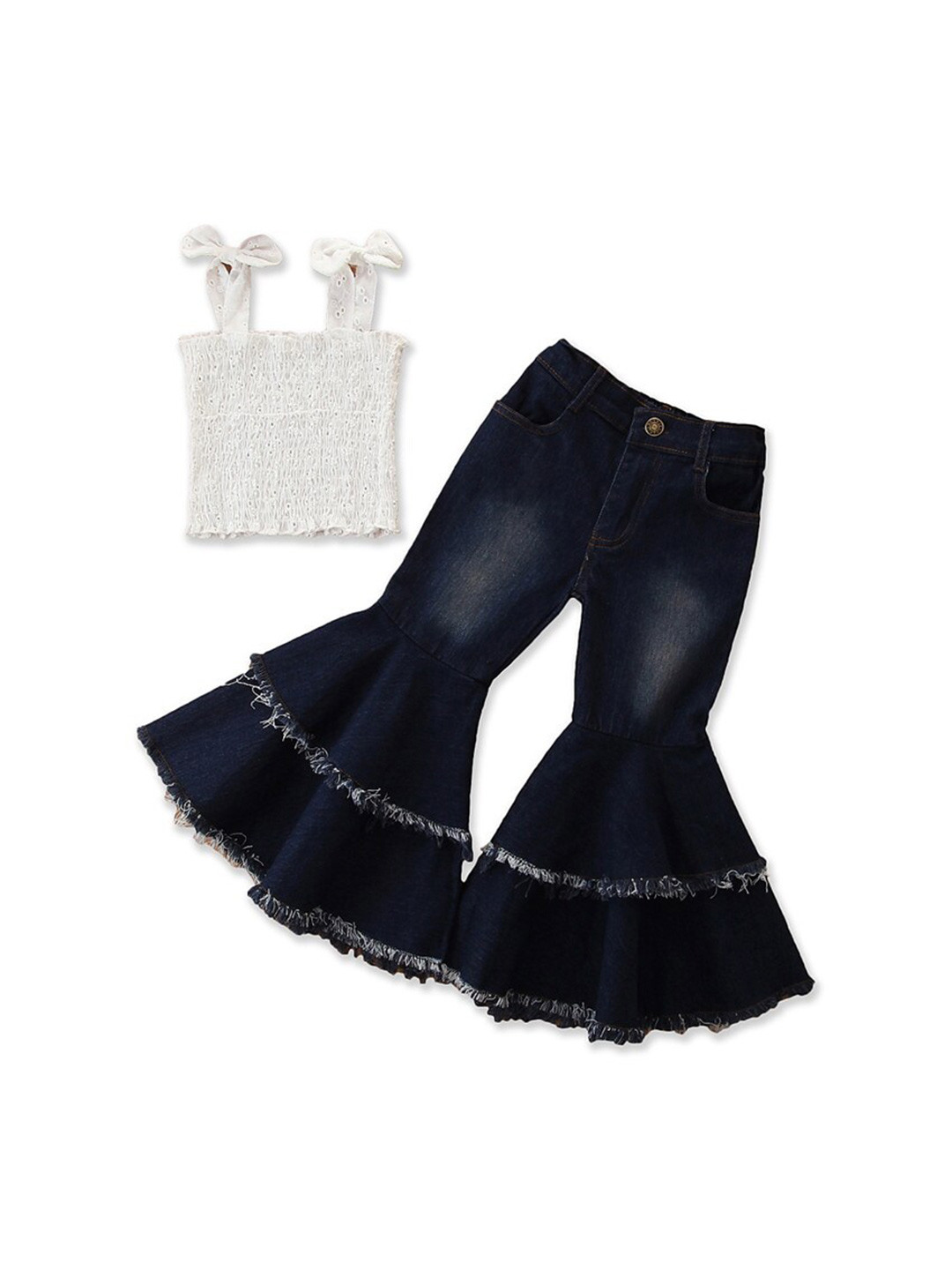 StyleCast Girls White & Navy Blue Self Design Top With Flared Jeans