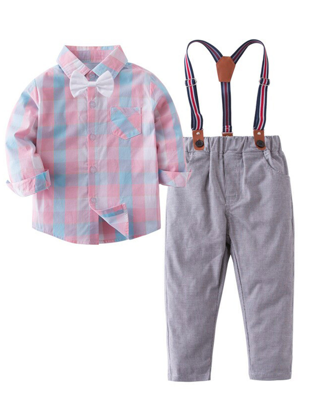 StyleCast Boys Pink Checked Shirt Collar Shirt With Trouser & Suspender
