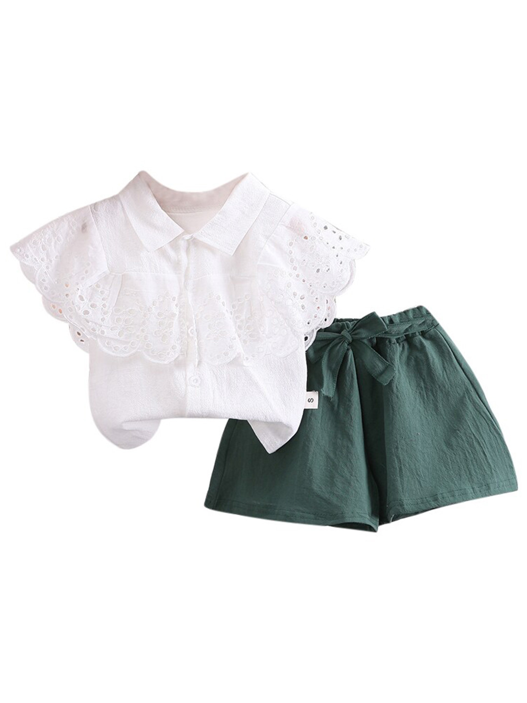 StyleCast Girls White & Green Shirt Collar Top with Shorts