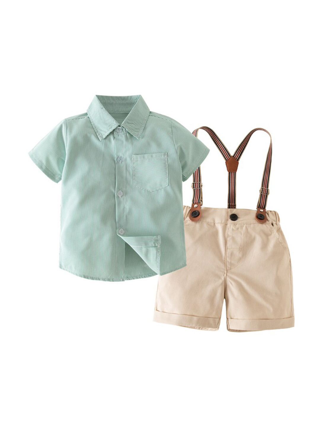 StyleCast Boys Green Striped Shirt Collar Shirt & Shorts With Suspender
