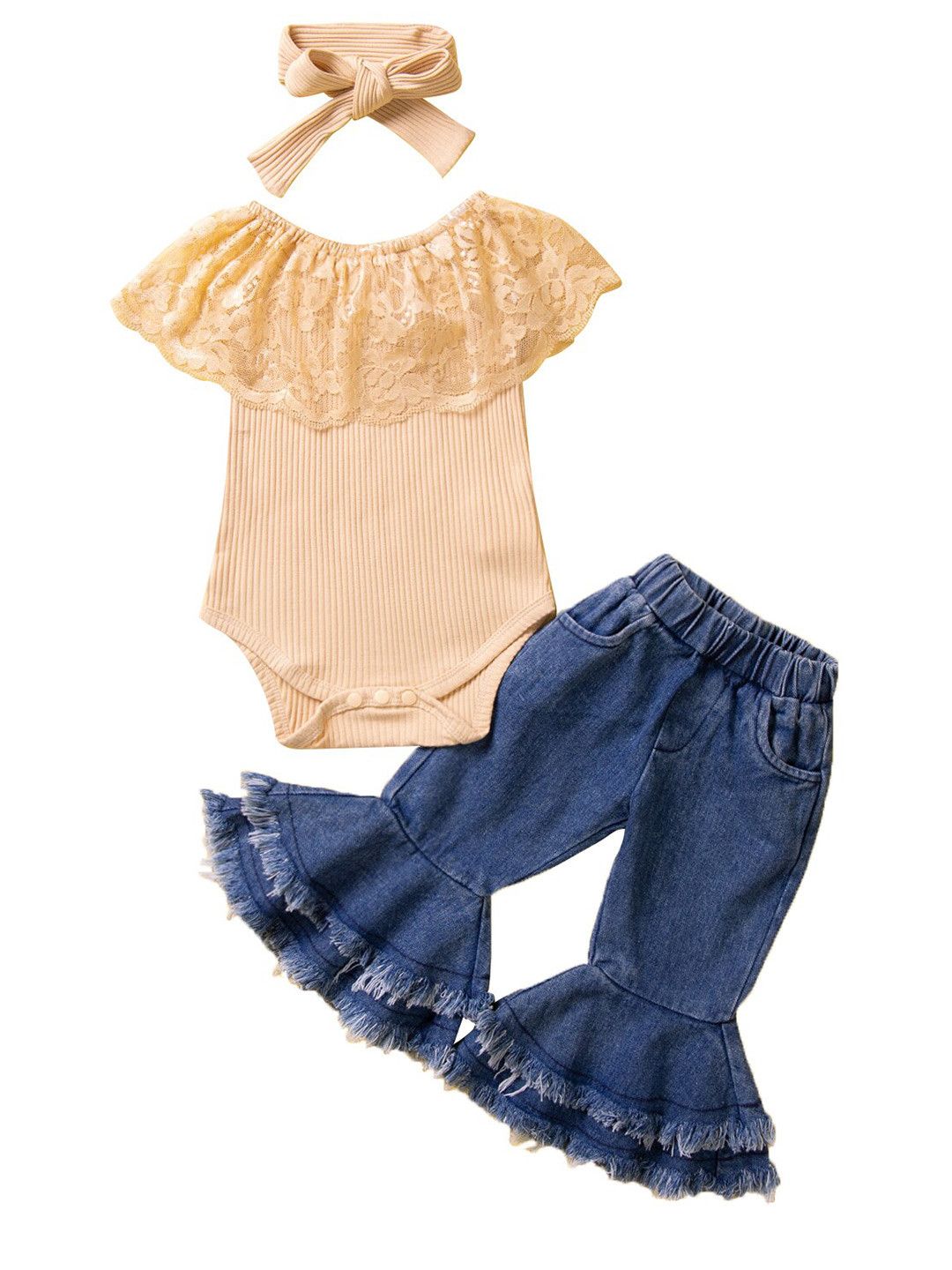 StyleCast Infants Girls Beige Self Design Pure Cotton Bodysuit with Bell Bottom Jeans