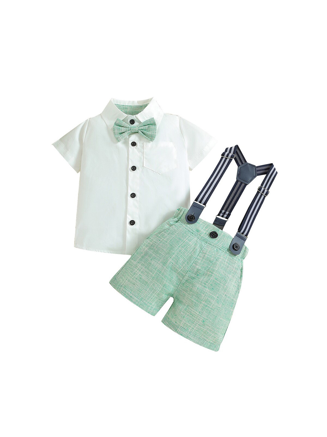 StyleCast Boys White & Sea Green Shirt & Shorts With Suspenders
