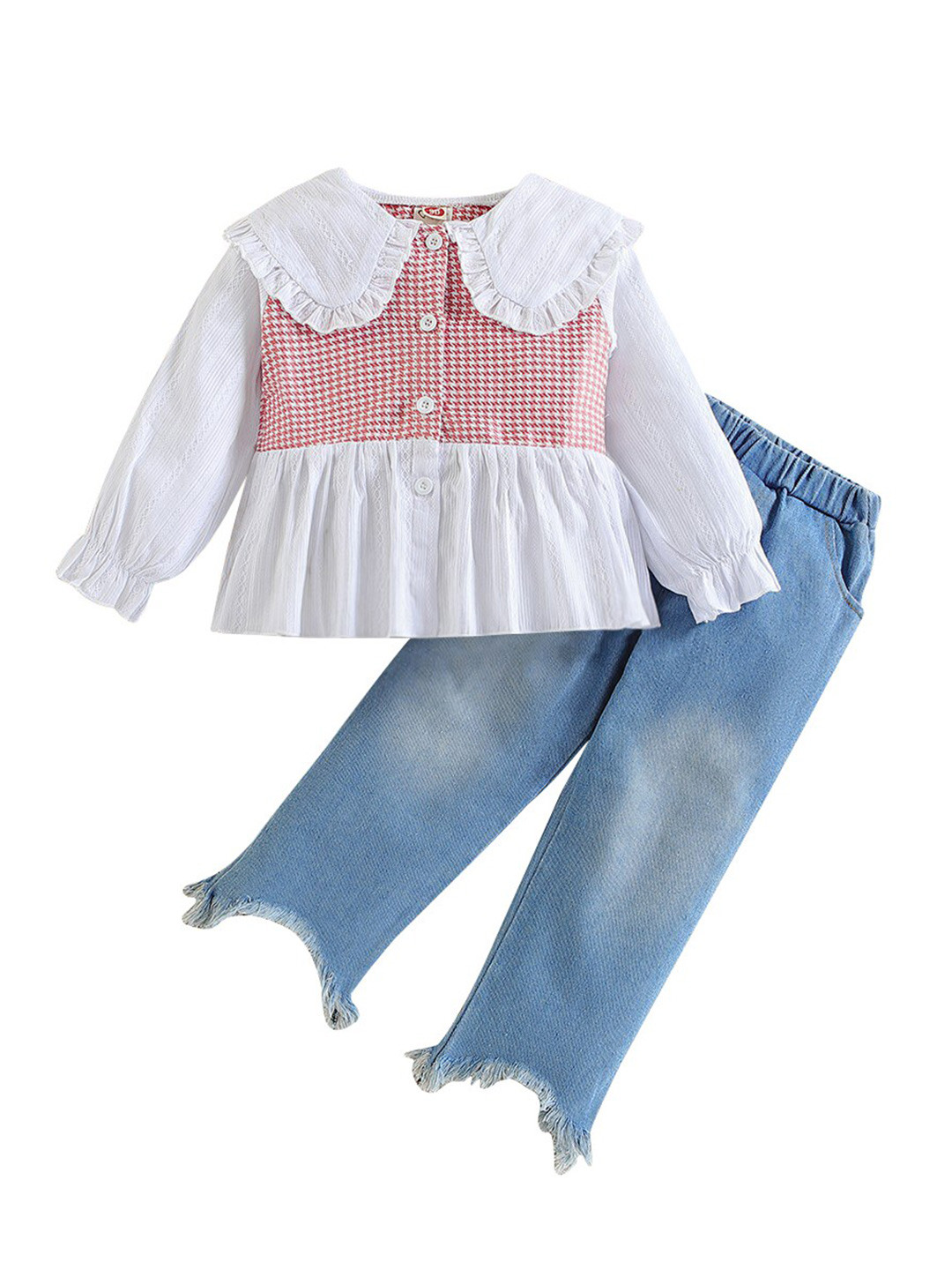 StyleCast Girls Pink & Blue Printed Peter Pan Collar Top With Trousers