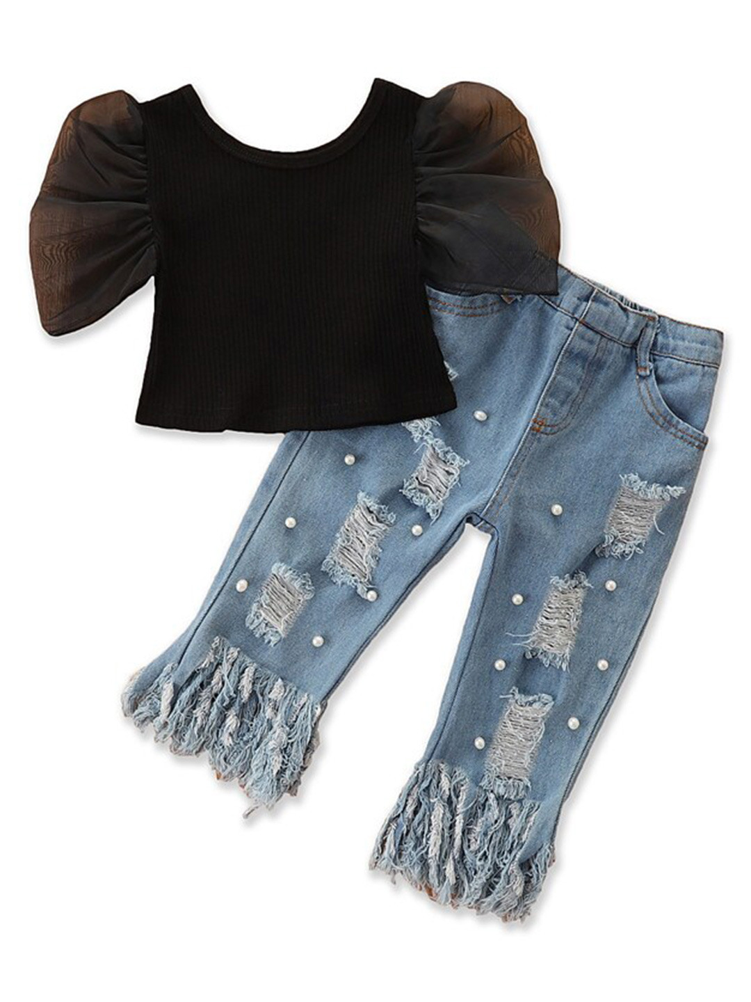 StyleCast Girls Black Ribbed Puff Sleeve Top with Distressed Trousers
