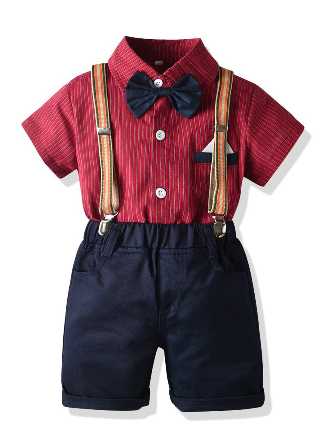 StyleCast Boys Red & Navy Blue Striped Shirt With Shorts & Suspenders