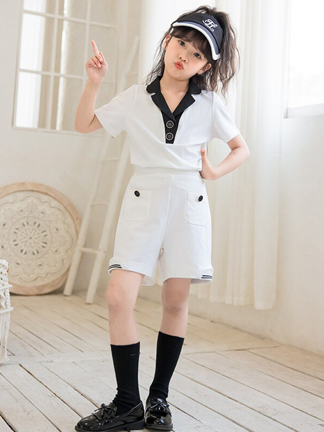 StyleCast Girls White Polo Collar Pure Cotton Top with Shorts