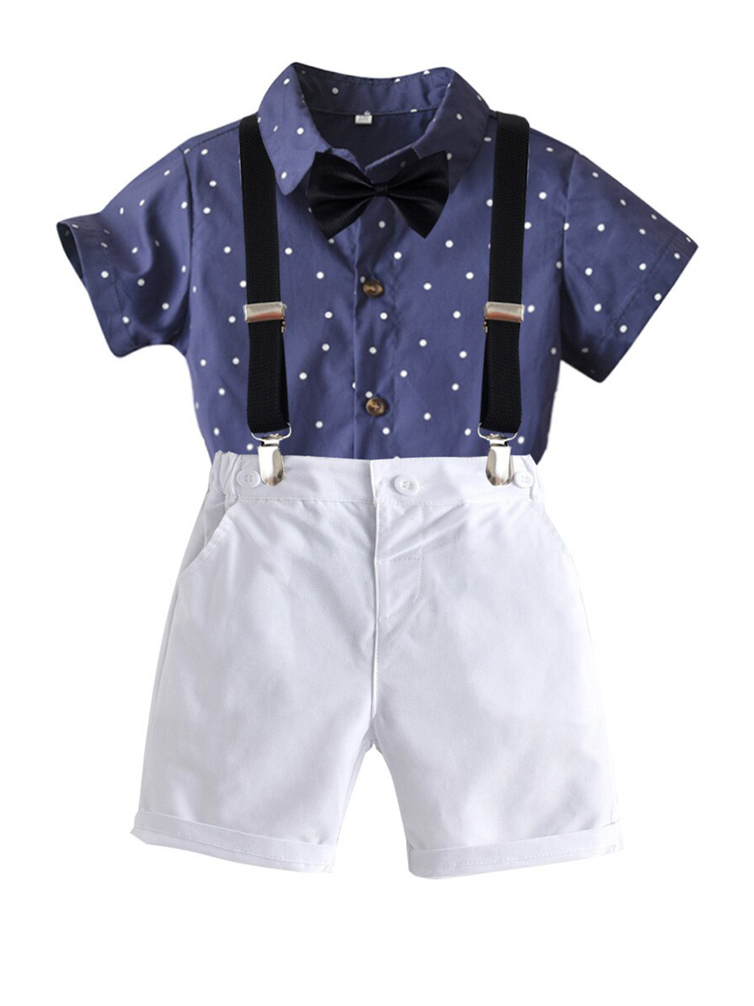 StyleCast Boys Navy Blue & White Polka Dots Printed Shirt With Shorts & Suspenders