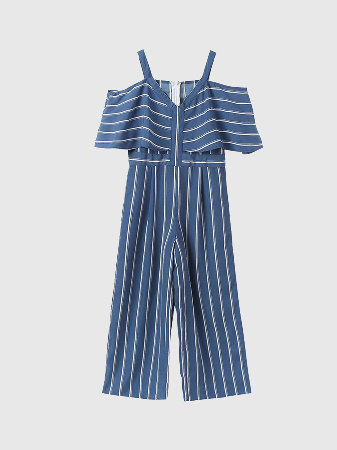 StyleCast Girls Blue Striped Cold-Shoulder Cotton Jumpsuit