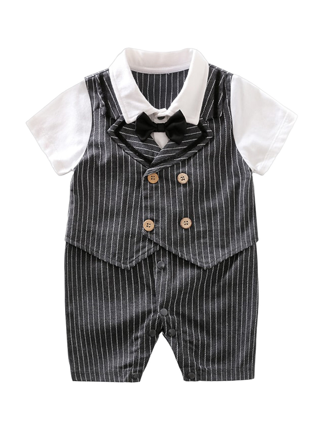 StyleCast Grey Infants Boys Striped Cotton Rompers With Attached Waistcost and Bow