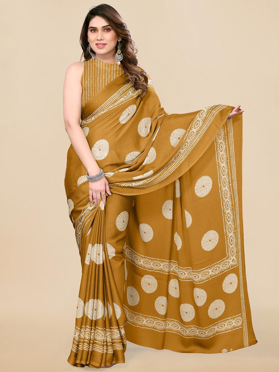 KALINI Mustard & White Batik Poly Chiffon Block Print Saree