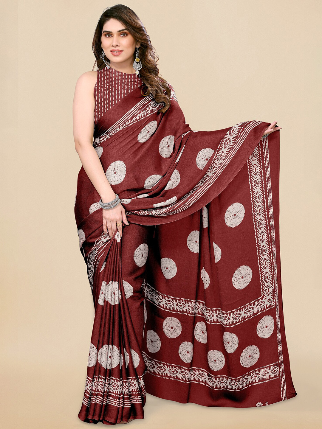 KALINI Maroon & White Batik Poly Chiffon Block Print Saree