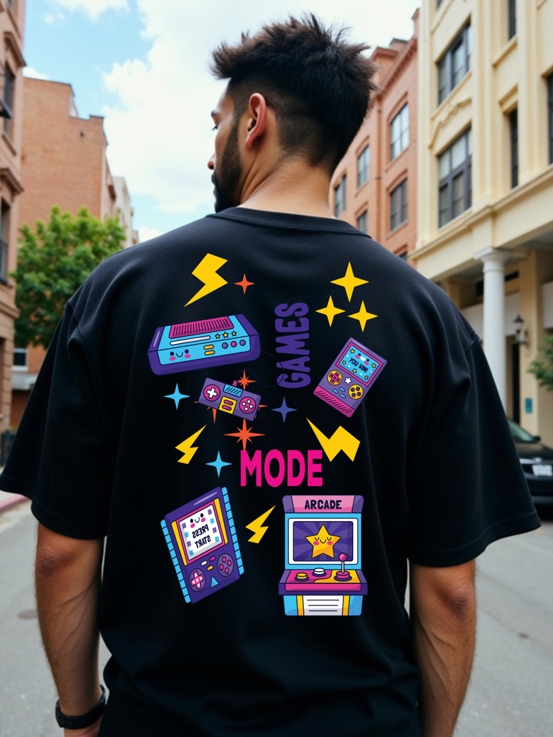 Mad Over Print Game Mode Printed Cotton Oversized T-shirt