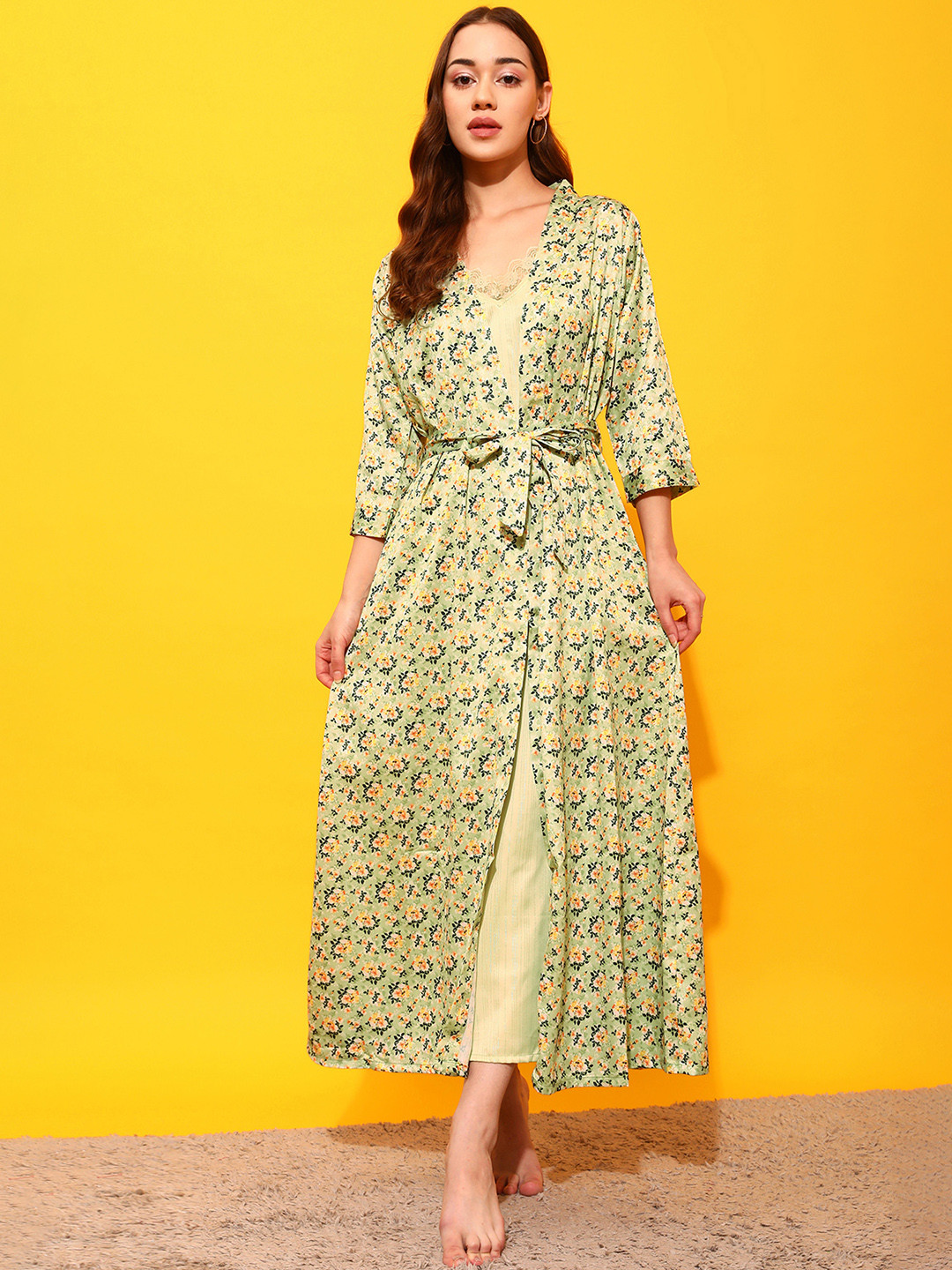 Clovia Green Striped Satin Maxi Nightdress & Robe