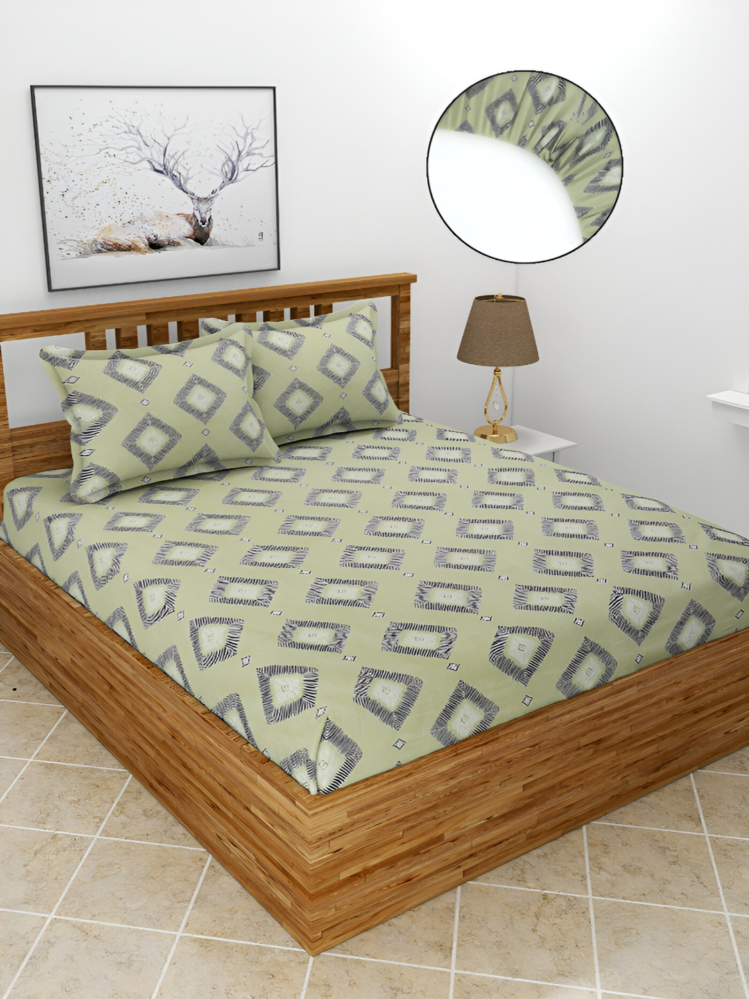 BREVARD Green Geometric Polycotton 210 TC Fitted Queen Fine Bedsheet with 2 Pillow Covers-198 x 182 x 20 cm