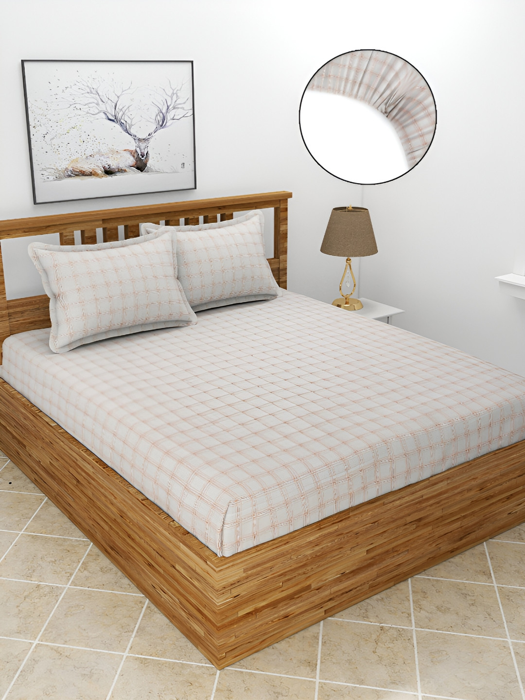 BREVARD Fitted_Ss_Dbs Off White Checked Polycotton 210 TC Fitted Queen Fine Bedsheet with 2 Pillow Covers-198 x 182 x 20 cm