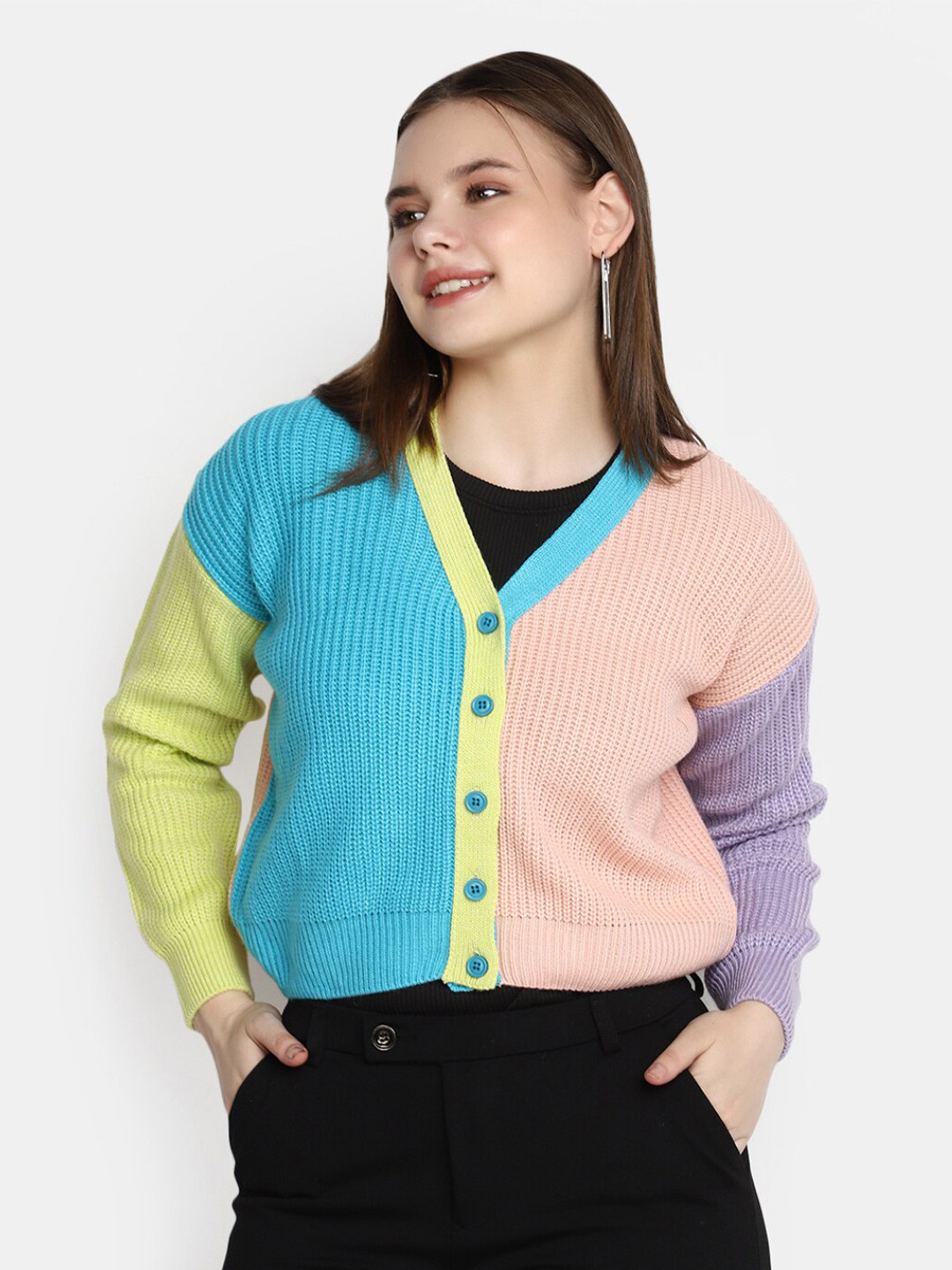 V-Mart Colourblocked V-Neck Cropped Acrylic Cardigan