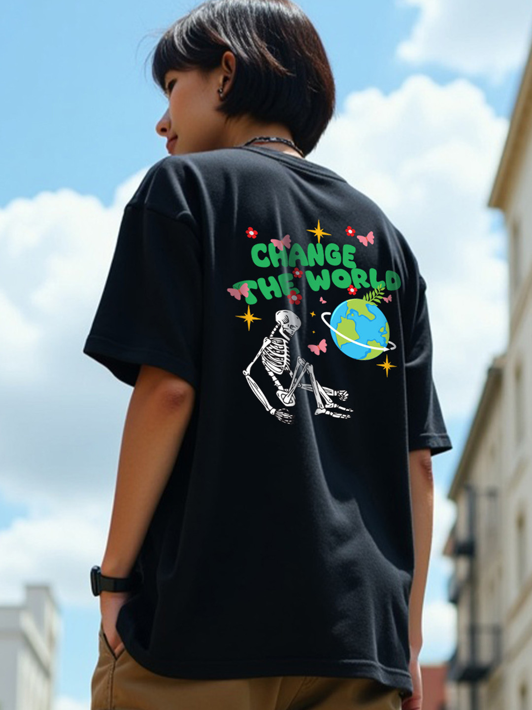 Mad Over Print Change The World Printed Cotton Oversized T-shirt