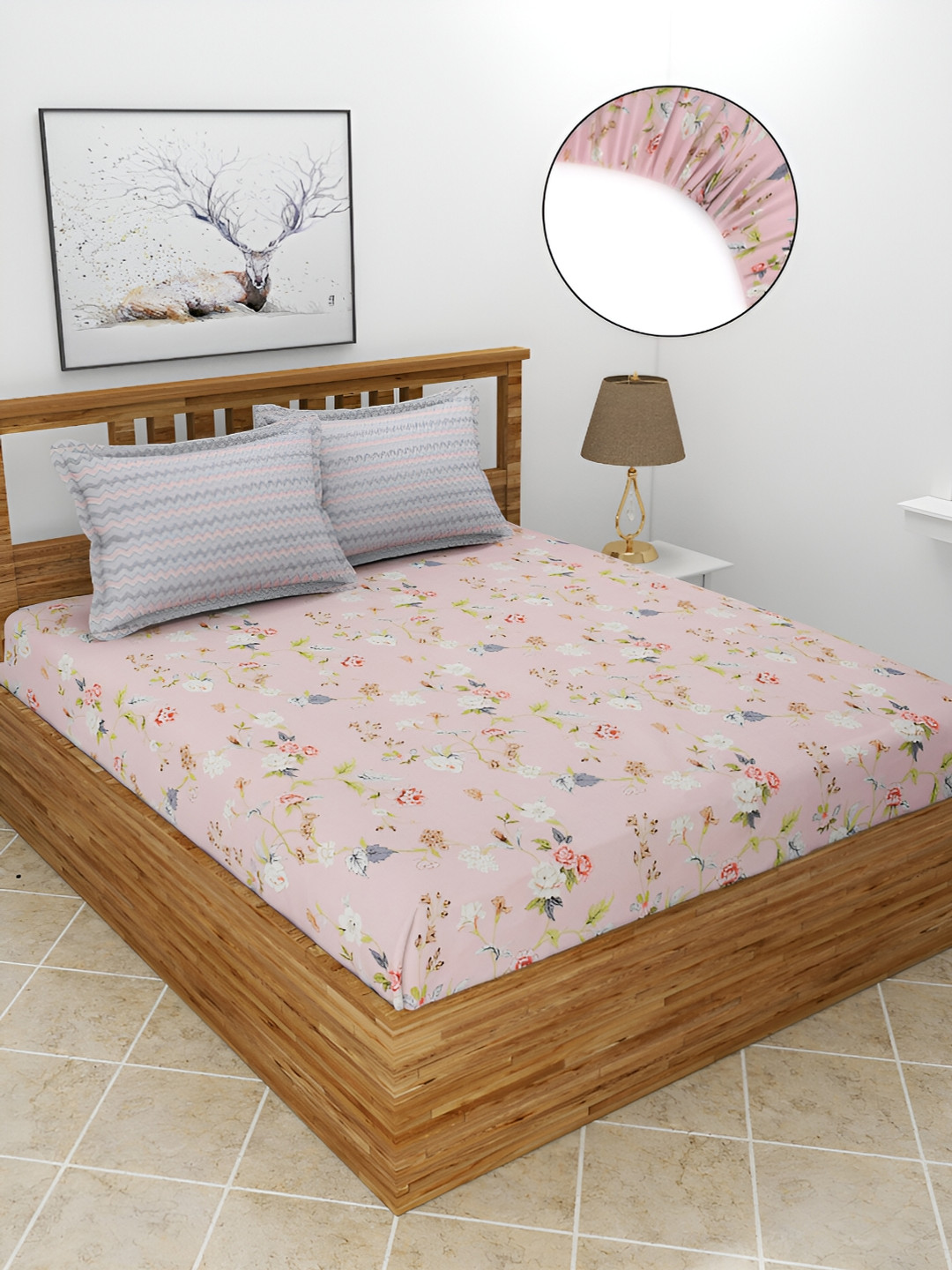 BREVARD Pink Floral Polycotton 210 TC Fitted King Fine Bedsheet with 2 Pillow Covers-198 x 182 x 25 cm
