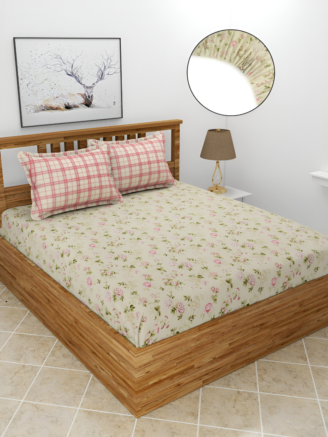 BREVARD Saffron Beige Floral Polycotton 210 TC Fitted King Fine Bedsheet with 2 Pillow Covers-198 x 182 cm