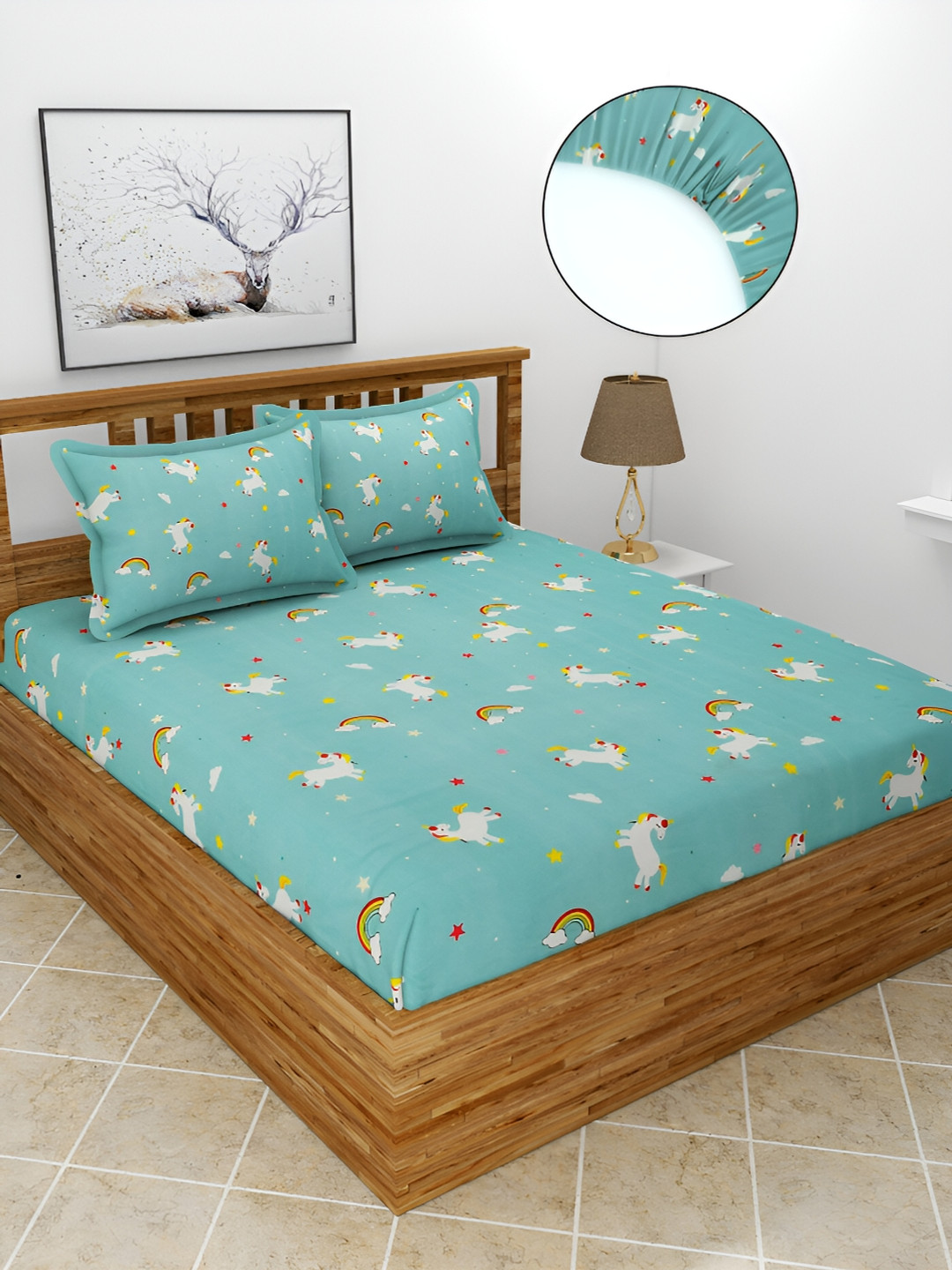 BREVARD Kidzania Blue Conversational Polycotton 210 TC Fitted Queen Fine Bedsheet with 2 Pillow Covers-78 x 72 inches