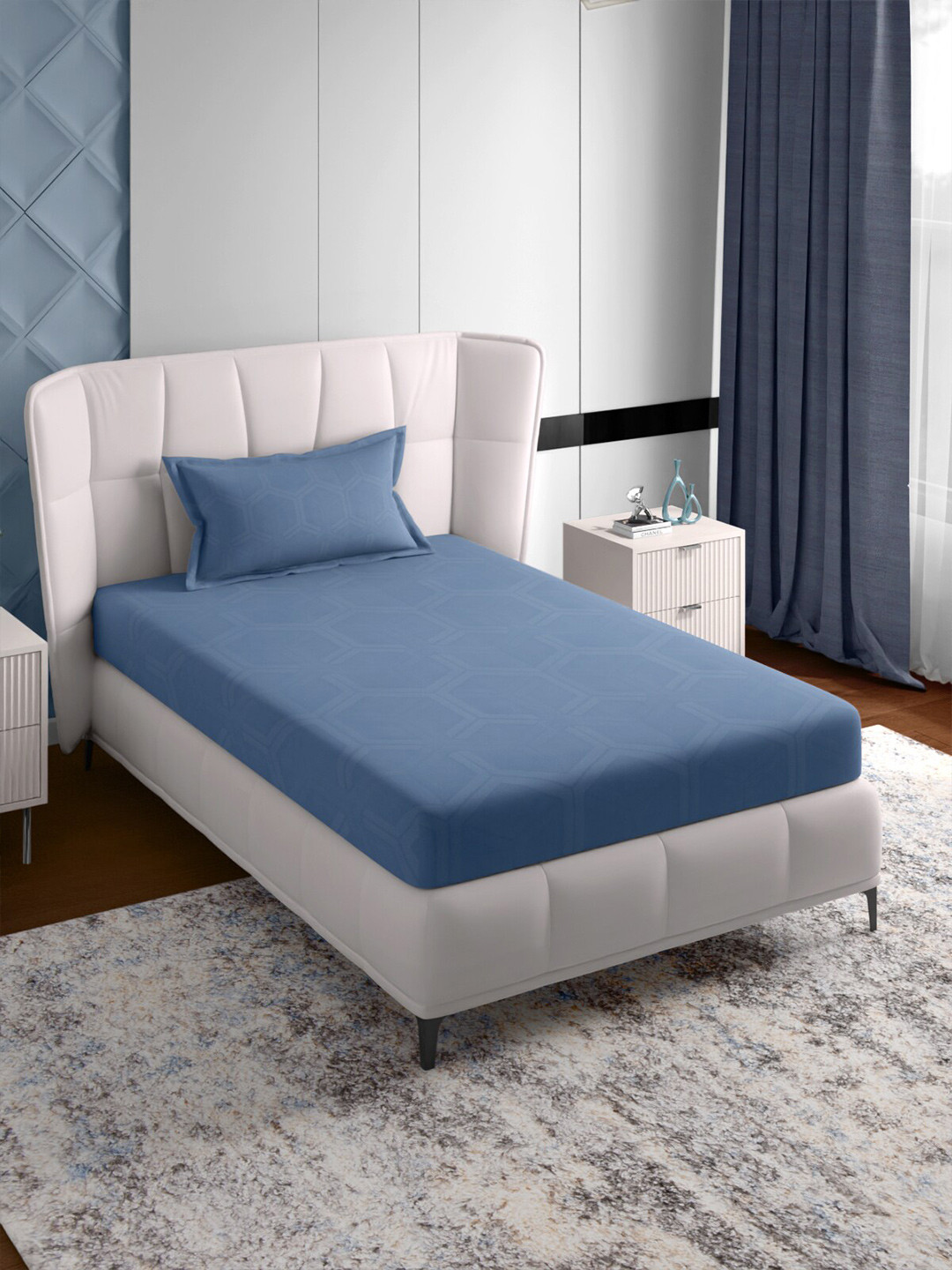 PETAL HOME Folkstone Blue Pure Cotton 600 TC Single Bedsheet with a Pillow Cover-60 x 90 inches