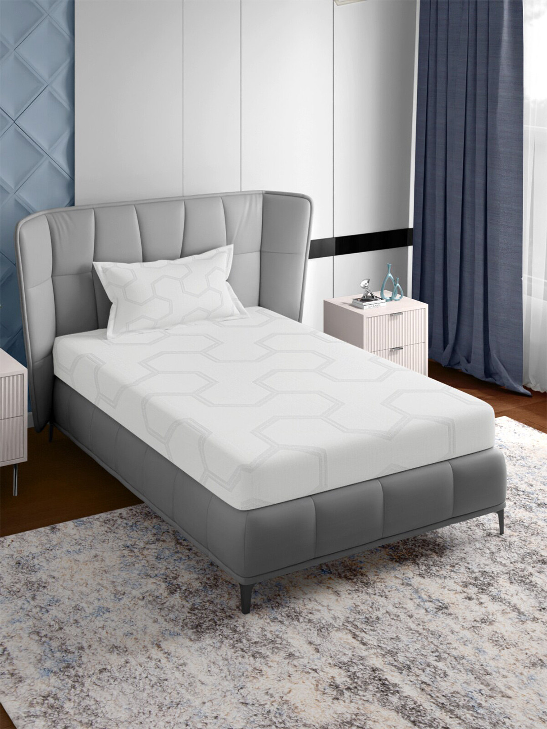 PETAL HOME White Geometric Cotton 500 TC Single Superfine Bedsheet with a Pillow Cover-59 x 87 inches