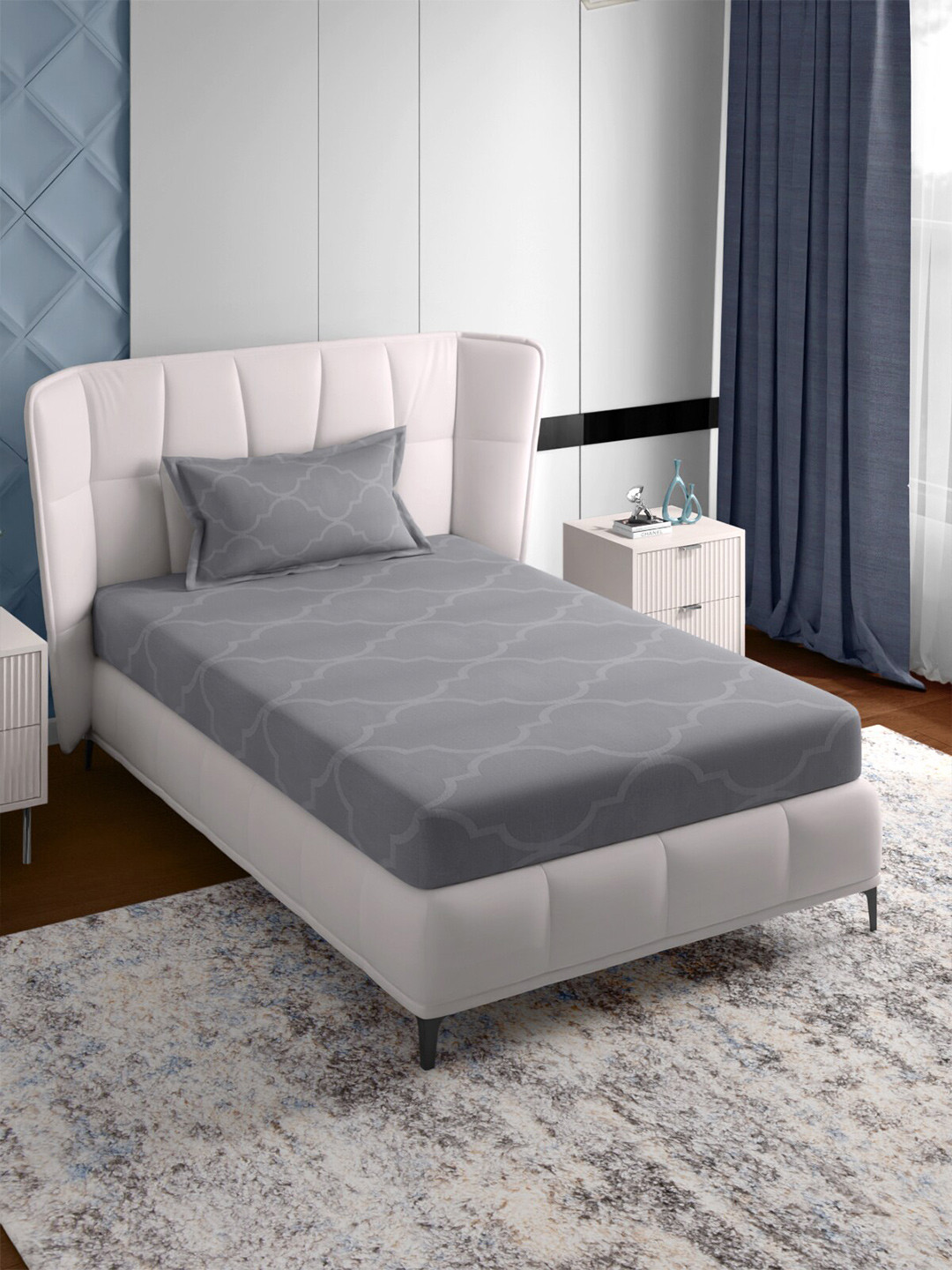 PETAL HOME Earl Grey Grey Geometric Cotton 300 TC Single Fine Bedsheet with a Pillow Cover-59 x 87 inches