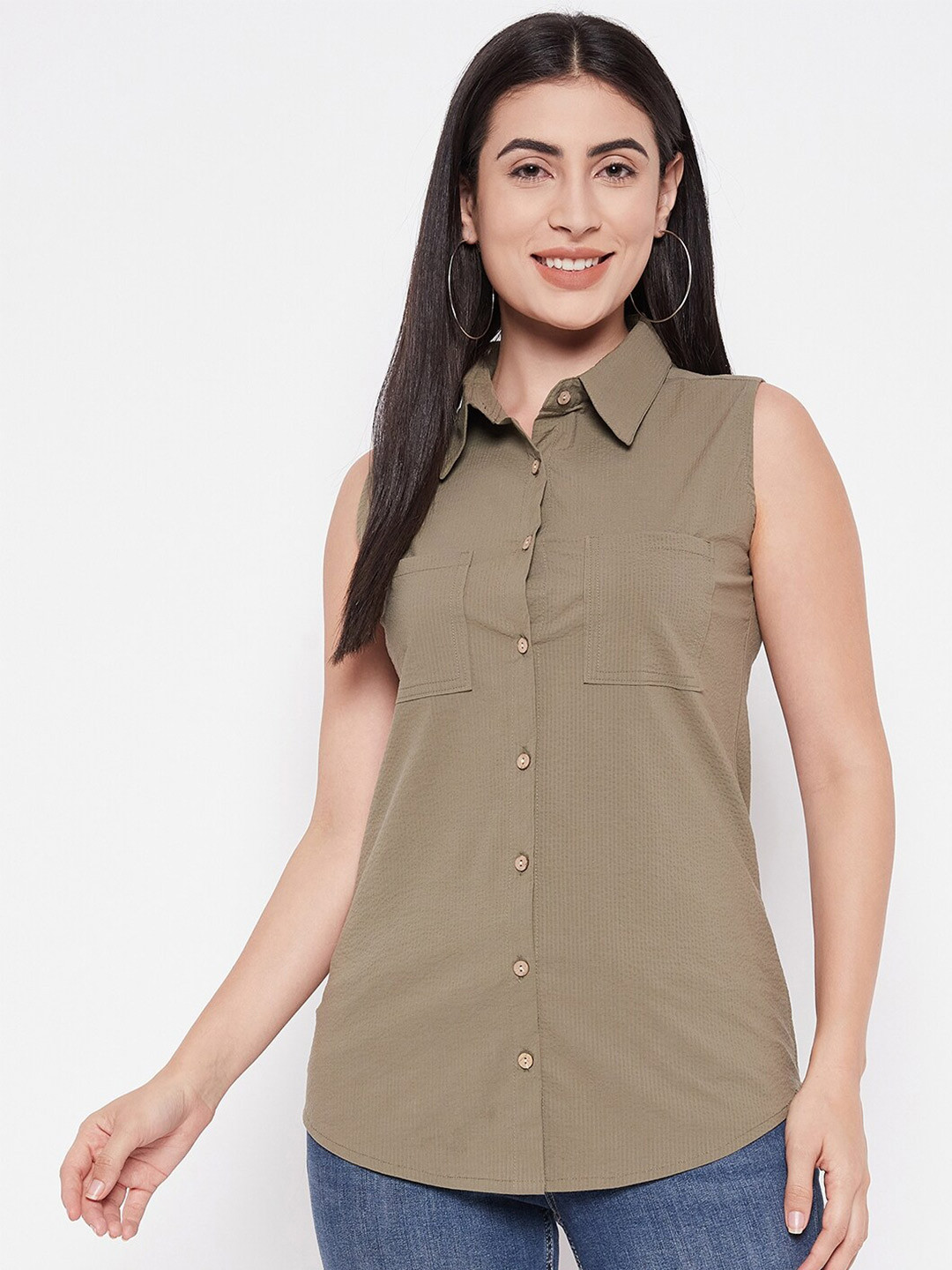 Ruhaans Classic Sleeveless Spread Collar Cotton Casual Shirt