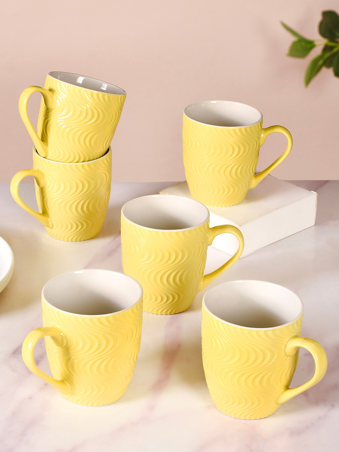 Nestasia Classy Black Team Work Yellow Textured Ceramic Microwave Safe 6 Piece Cups-230ml