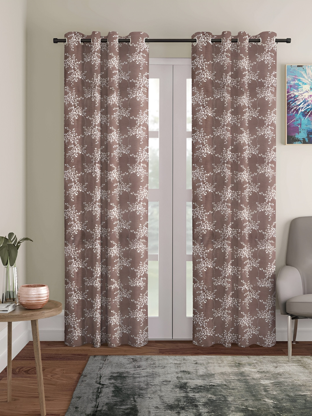 ERIC LONDON Brown & White Set of 2 Floral Room Darkening Door Curtain