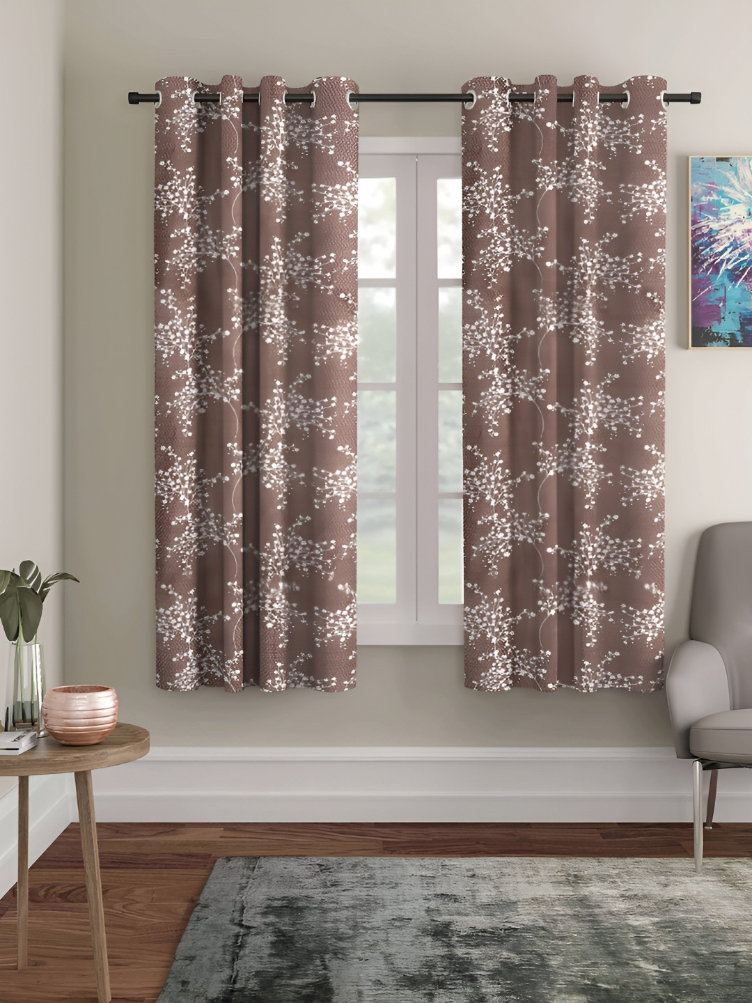ERIC LONDON Brown 2 Pieces Floral Printed Room Darkening Window Curtain