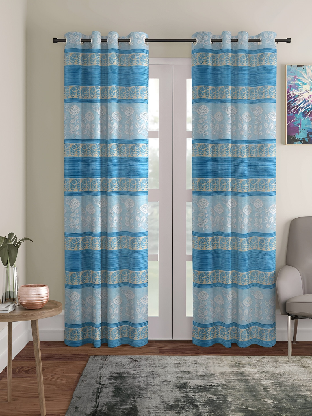 ERIC LONDON Turquoise Blue & White Set of 2 Room Darkening Door Curtain