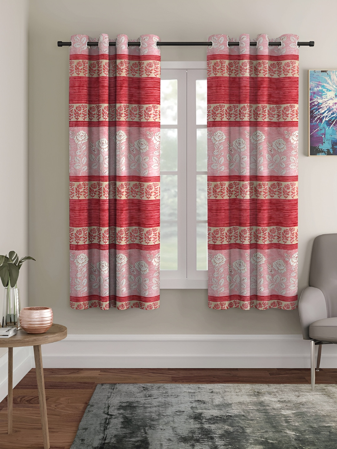 ERIC LONDON Red 2 Pieces Floral Printed Room Darkening Window Curtain