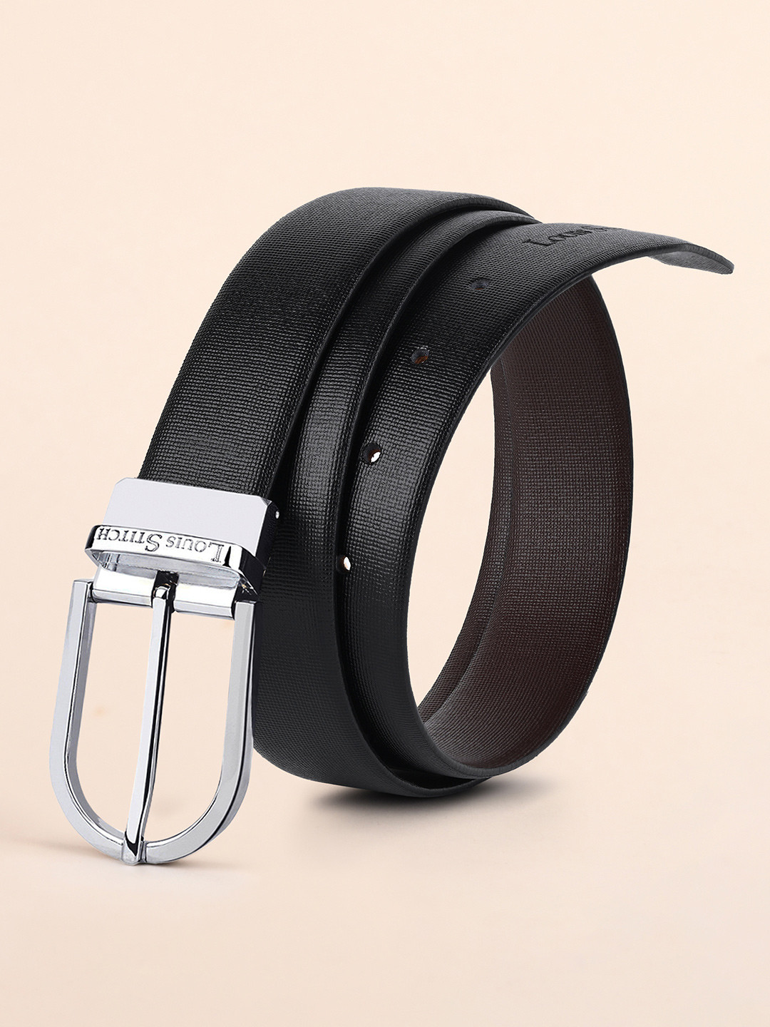 LOUIS STITCH Men Black Textured Leather Reversible Formal Belt