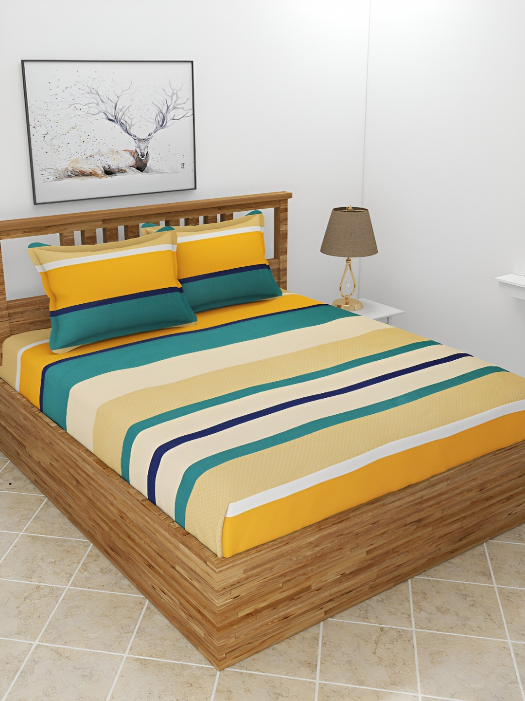 BREVARD Maple Beige Striped Polycotton 210 TC Queen Superfine Bedsheet with 2 Pillow Covers-254 x 228 cm