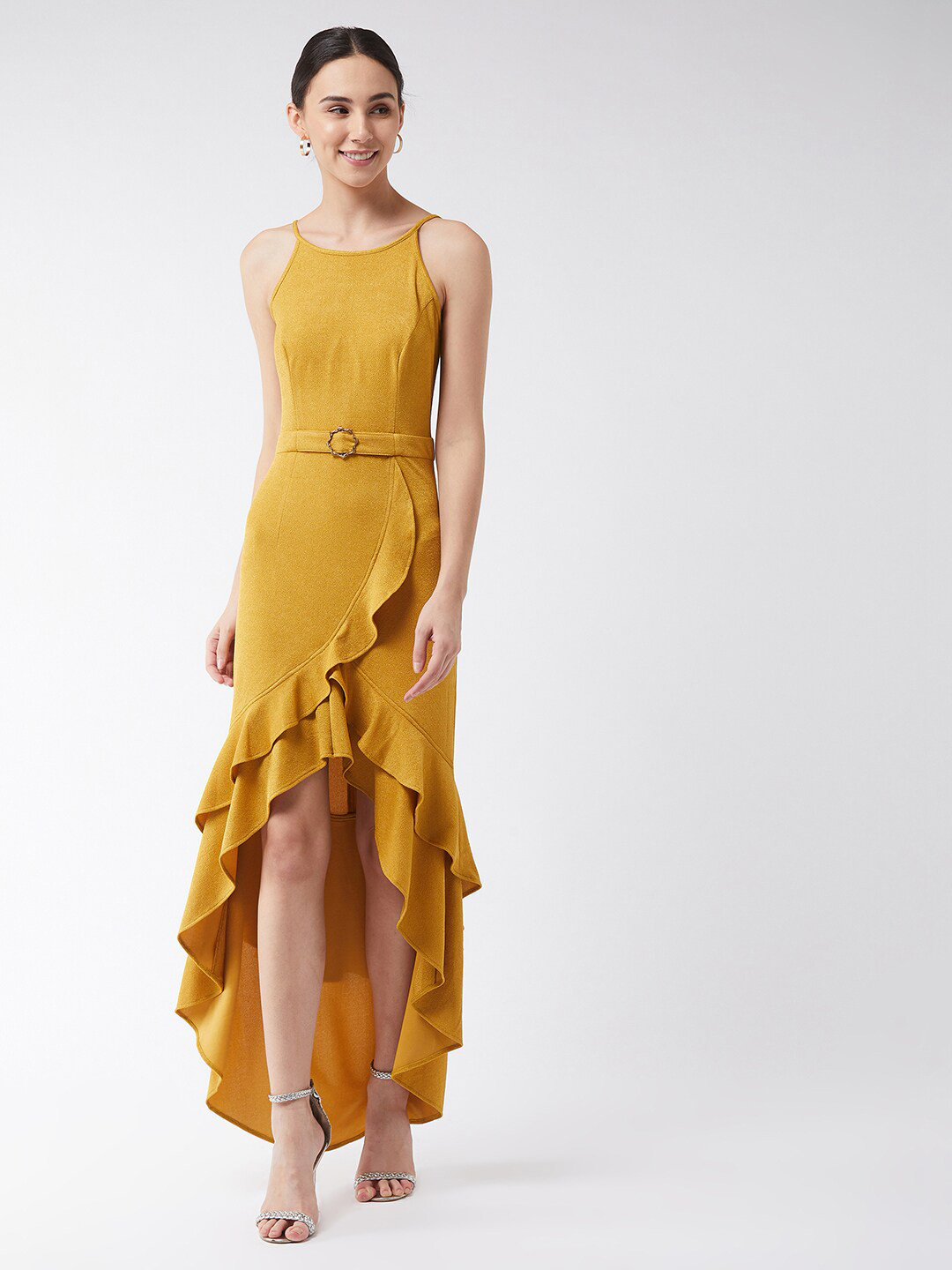 DressBerry Mustard Yellow Shoulder Straps Ruffled Georgette Maxi Dress