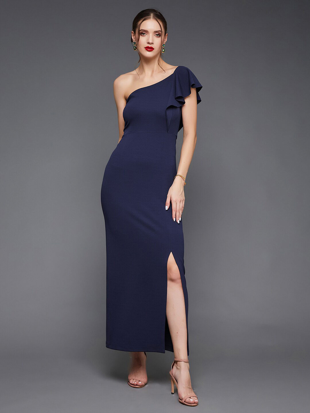 DressBerry Navy Blue One Shoulder Ruffled Maxi Dress
