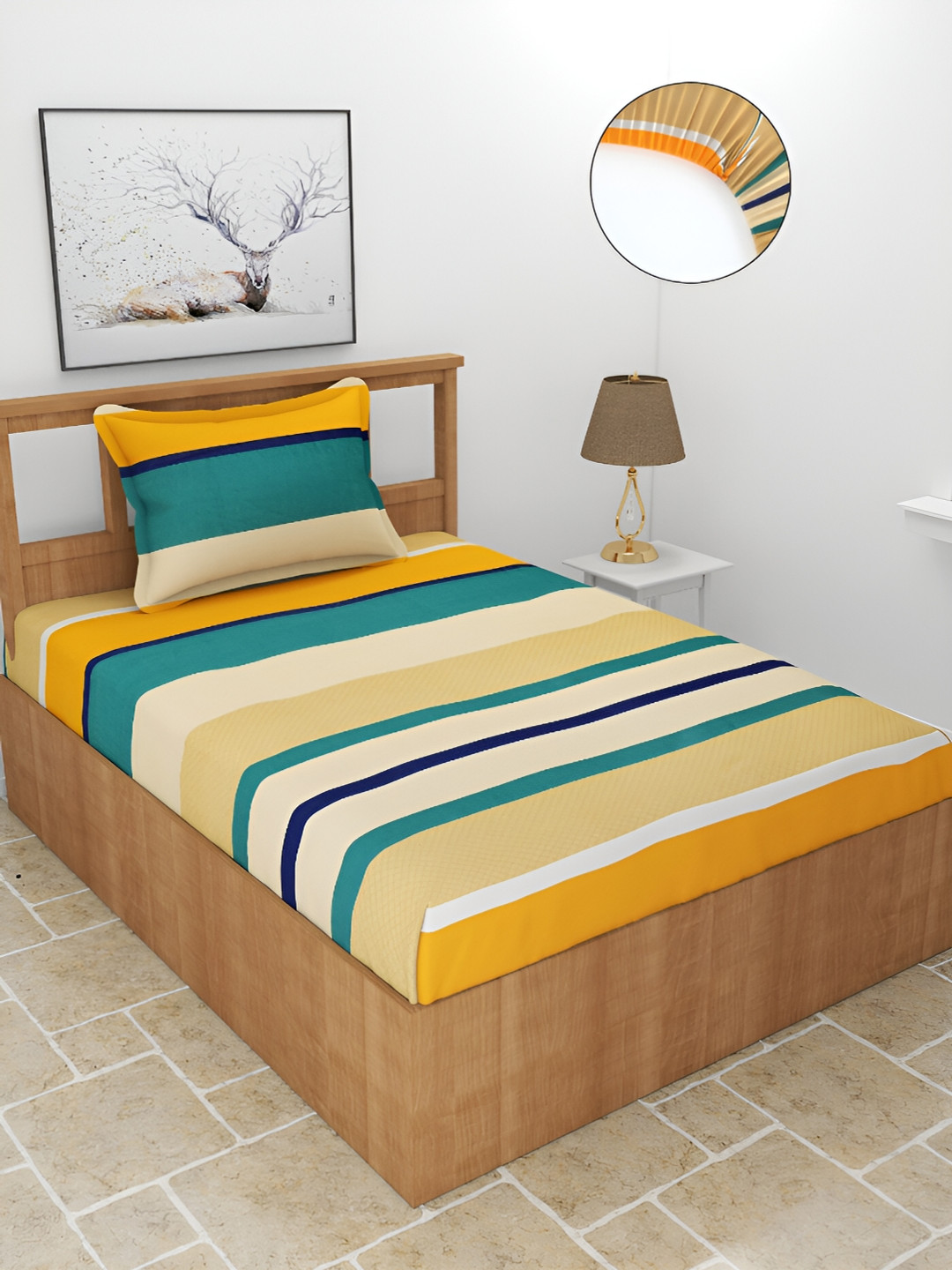 BREVARD Maple Beige Striped Polycotton 210 TC Fitted Single Superfine Bedsheet with a Pillow Cover-78 x 36 inches