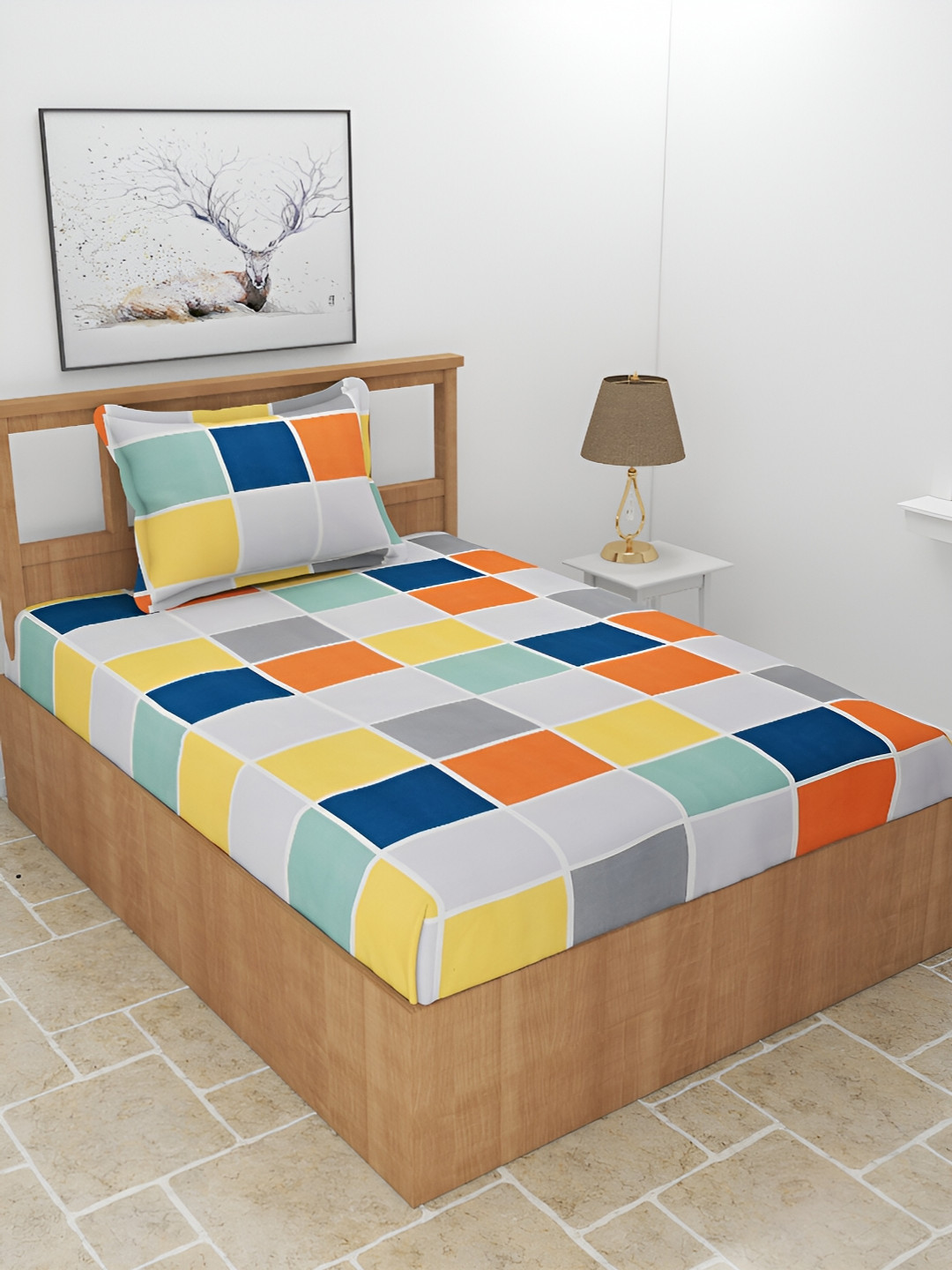 BREVARD Maple Orange Checked Polycotton 210 TC Single Superfine Bedsheet with a Pillow Cover-90 x 60 inches