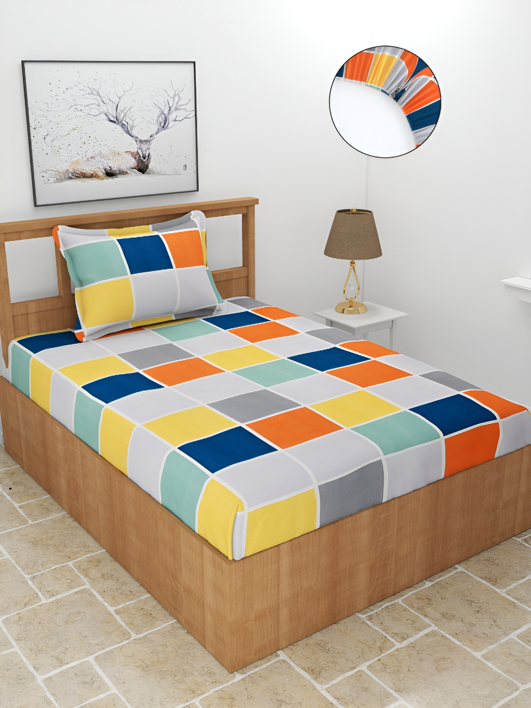 BREVARD Maple Grey Checked Polycotton 210 TC Fitted Single Superfine Bedsheet with a Pillow Cover-78 x 36 inches