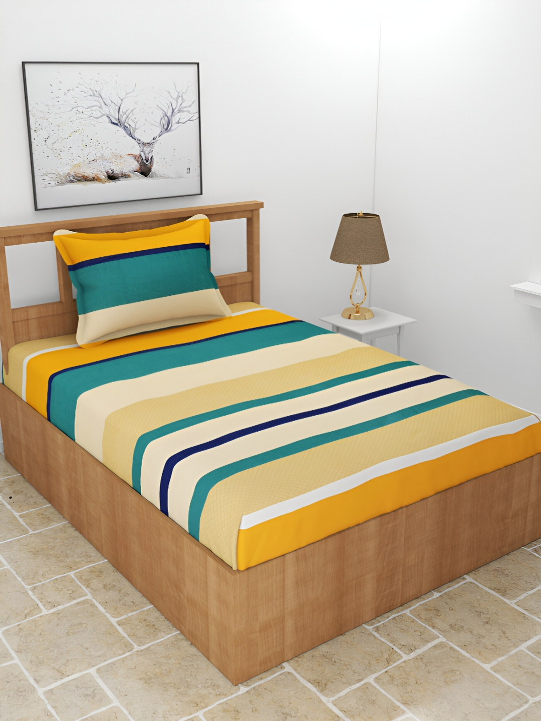 BREVARD Maple Beige Striped Polycotton 210 TC Fitted Single Superfine Bedsheet with a Pillow Cover-90 x 60 inches